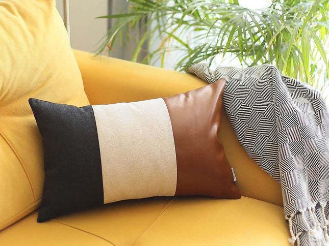 Tricolored Faux Leather Lumbar Throw Pillow