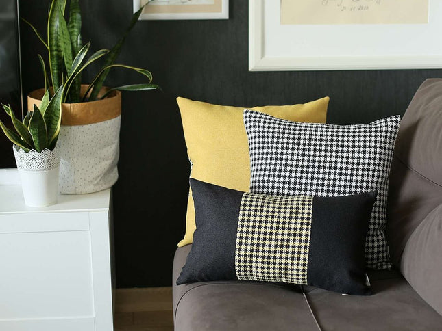 Yellow and Black Houndstooth Lumbar Throw Pillow