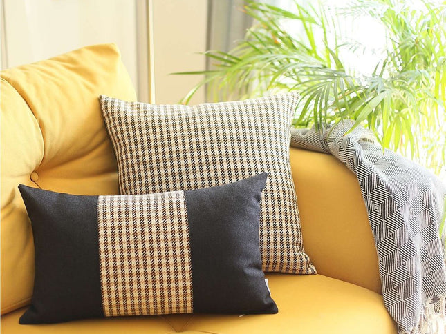 Tan and Black Houndstooth Lumbar Throw Pillow