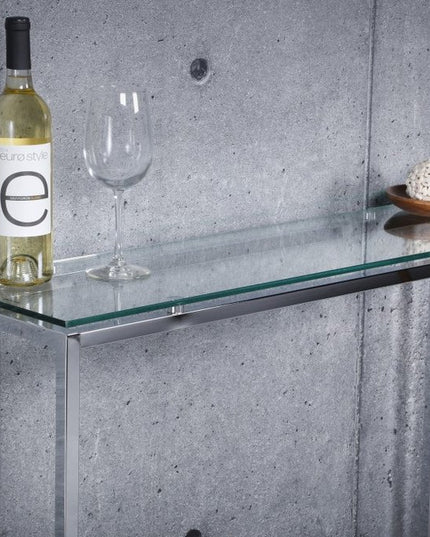 36" Clear and Silver Glass Sled Console Table