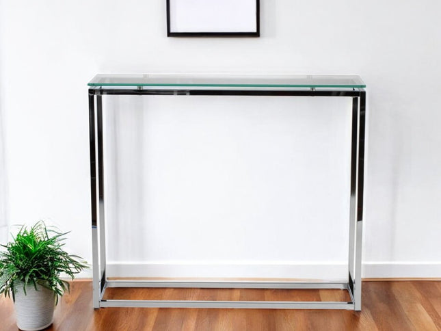 36" Clear and Silver Glass Sled Console Table