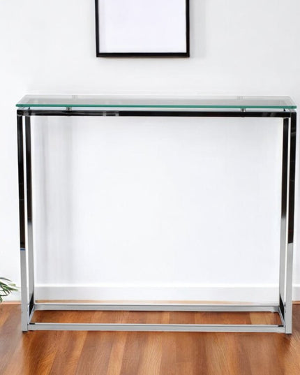 36" Clear and Silver Glass Sled Console Table