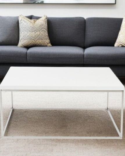 35" White and Silver Wood And Metal Square Frame Coffee Table
