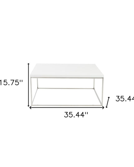 35" White and Silver Wood And Metal Square Frame Coffee Table
