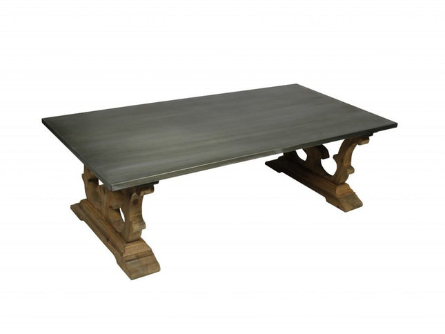63" Gray and Brown Zinc and Solid Wood Pedestal Coffee Table