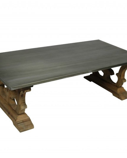 63" Gray and Brown Zinc and Solid Wood Pedestal Coffee Table