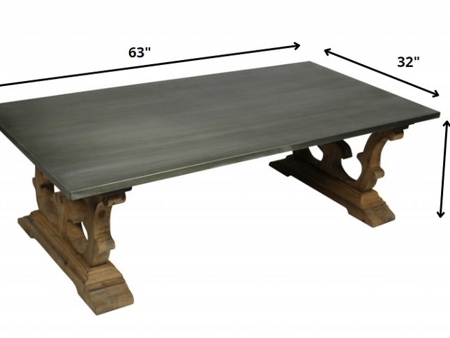 63" Gray and Brown Zinc and Solid Wood Pedestal Coffee Table