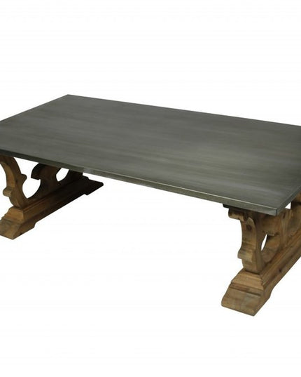 63" Gray and Brown Zinc and Solid Wood Pedestal Coffee Table