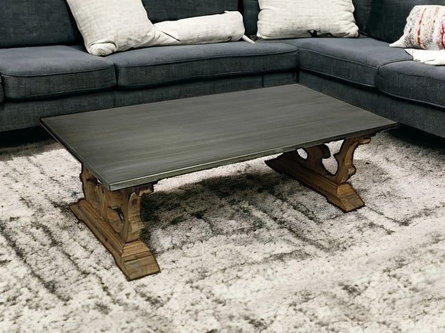 63" Gray and Brown Zinc and Solid Wood Pedestal Coffee Table