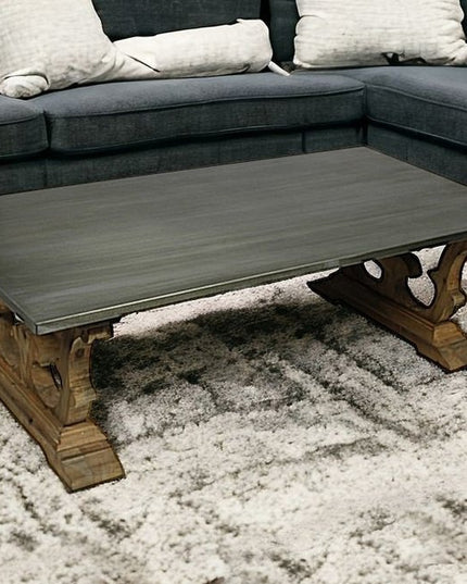 63" Gray and Brown Zinc and Solid Wood Pedestal Coffee Table