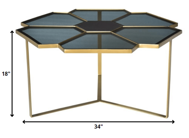 34" Black and Gold Glass and Iron Free Form Frame Coffee Table