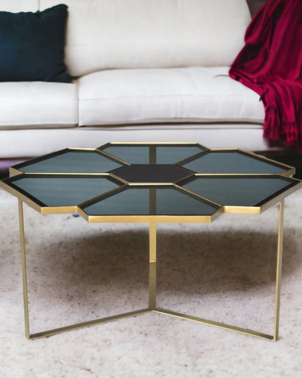 34" Black and Gold Glass and Iron Free Form Frame Coffee Table