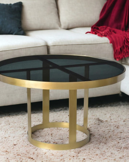 32" Black and Gold Glass and Iron Round Frame Coffee Table
