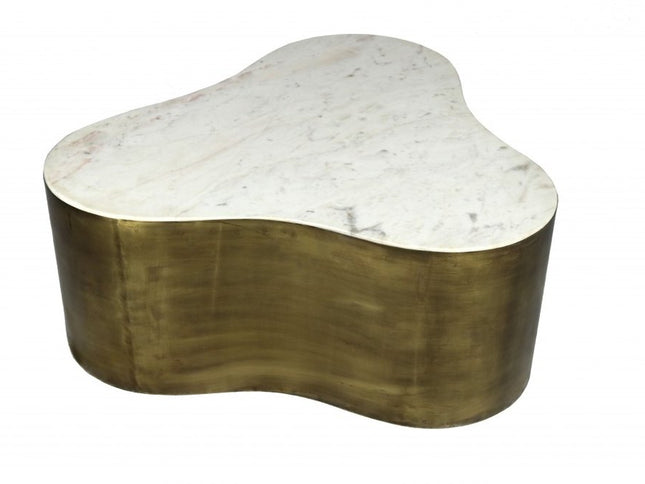 39" White And Brass Genuine Marble And Iron Free Form Solid Coffee Table