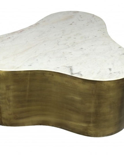 39" White And Brass Genuine Marble And Iron Free Form Solid Coffee Table