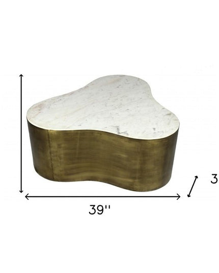 39" White And Brass Genuine Marble And Iron Free Form Solid Coffee Table