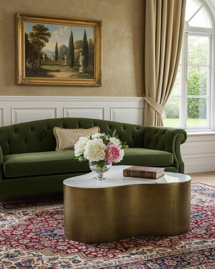 39" White And Brass Genuine Marble And Iron Free Form Solid Coffee Table