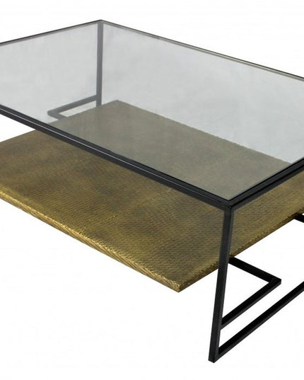 54" Clear and Black Glass and Iron Floor Shelf Coffee Table With Shelf