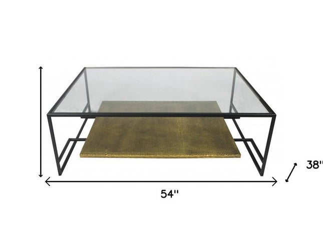 54" Clear and Black Glass and Iron Floor Shelf Coffee Table With Shelf