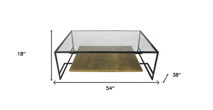 54" Clear and Black Glass and Iron Floor Shelf Coffee Table With Shelf