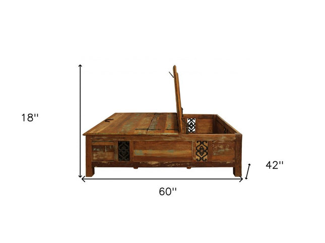 60" Green and Brown Solid Wood Distressed Lift Top Solid Coffee Table