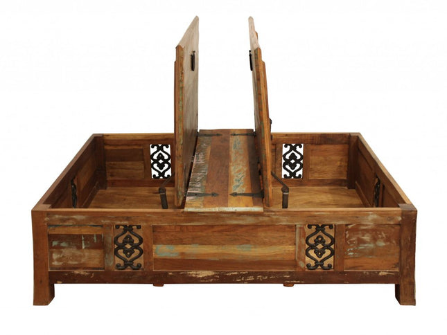 60" Green and Brown Solid Wood Distressed Lift Top Solid Coffee Table