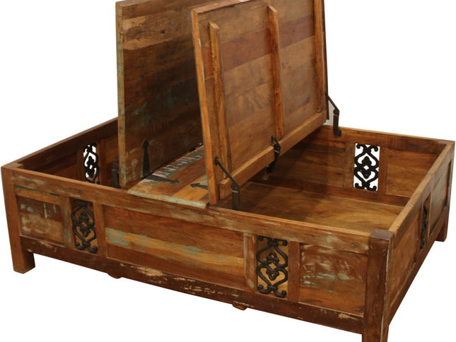 60" Green and Brown Solid Wood Distressed Lift Top Solid Coffee Table