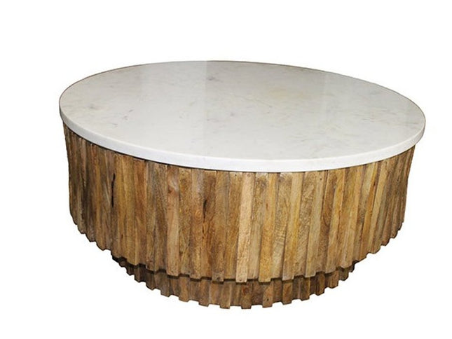 42" Ivory and Natural Genuine Marble and Solid Wood Round Solid Coffee Table