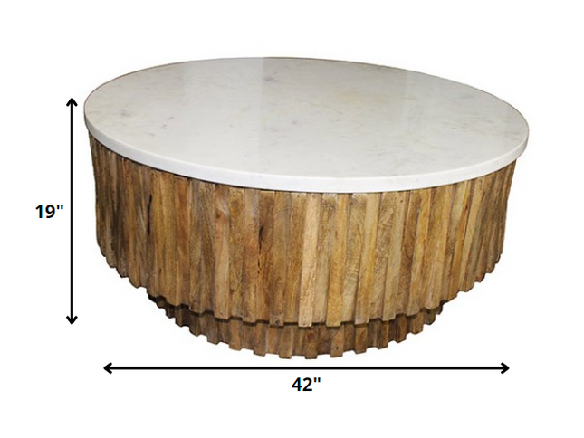 42" Ivory and Natural Genuine Marble and Solid Wood Round Solid Coffee Table