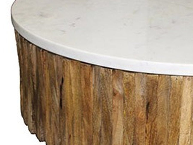 42" Ivory and Natural Genuine Marble and Solid Wood Round Solid Coffee Table