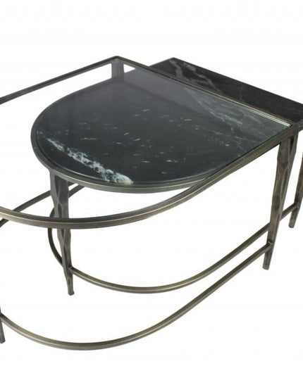 Set of Two Clear and Gold Glass and Iron Oval Frame Nested Coffee Tables