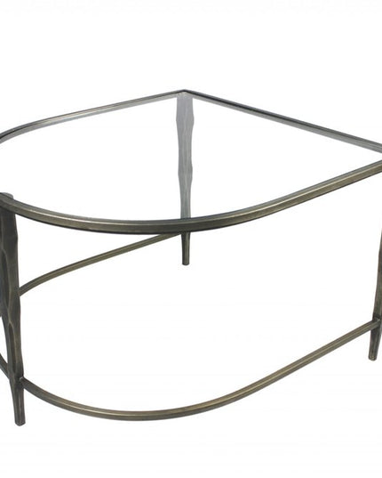 Set of Two Clear and Gold Glass and Iron Oval Frame Nested Coffee Tables