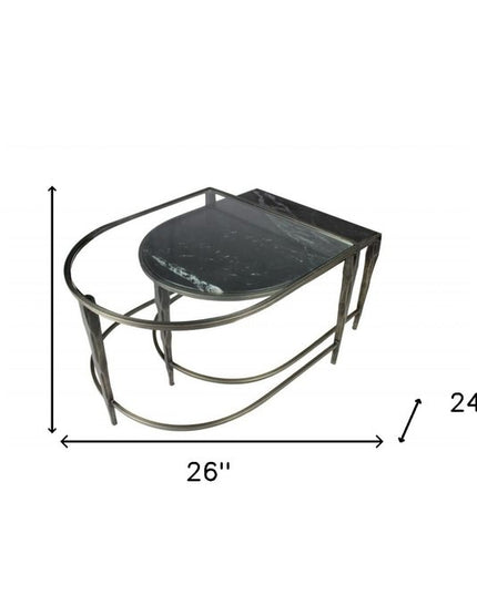 Set of Two Clear and Gold Glass and Iron Oval Frame Nested Coffee Tables