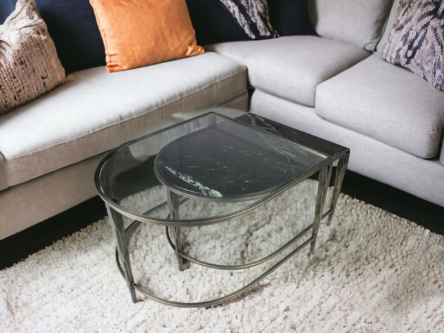 Set of Two Clear and Gold Glass and Iron Oval Frame Nested Coffee Tables