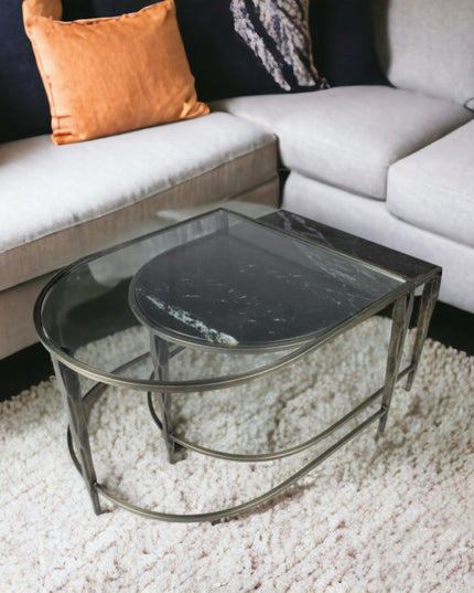 Set of Two Clear and Gold Glass and Iron Oval Frame Nested Coffee Tables