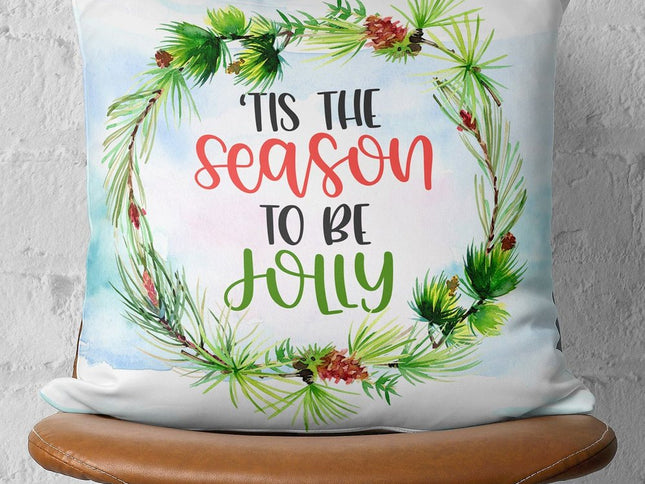 18" Green And White 'Tis The Season To Be Jolly Christmas Wreath Throw Pillow