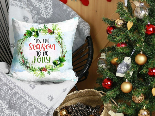 18" Green And White 'Tis The Season To Be Jolly Christmas Wreath Throw Pillow