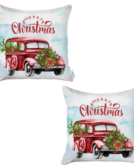 Set of Two 18" Red and White Merry Christmas Holiday Van Fabric Throw Pillow Covers