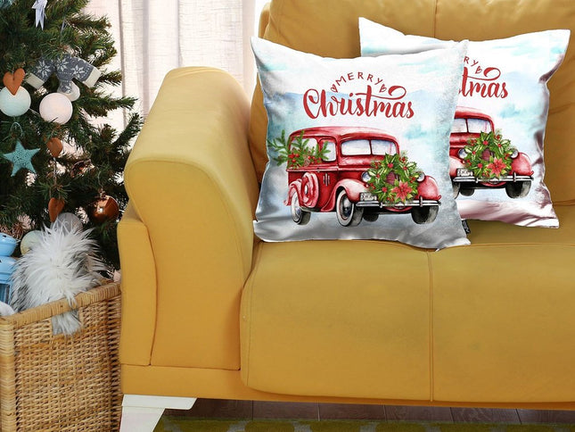 Set of Two 18" Red and White Merry Christmas Holiday Van Fabric Throw Pillow Covers