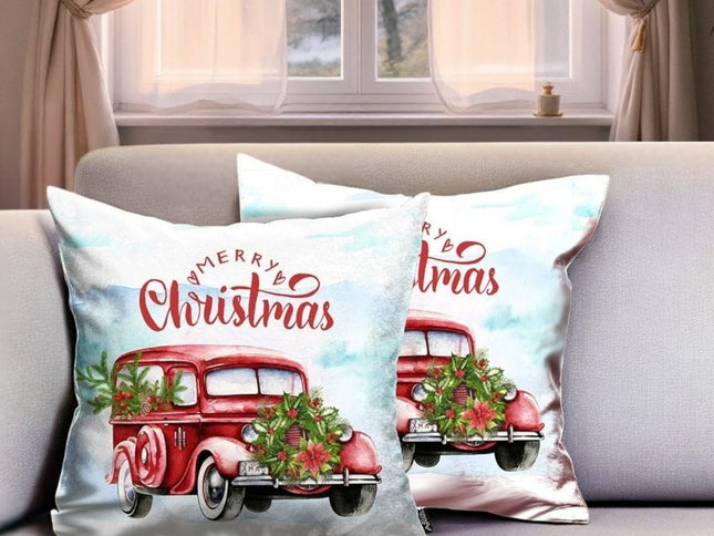 Set of Two 18" Red and White Merry Christmas Holiday Van Fabric Throw Pillow Covers