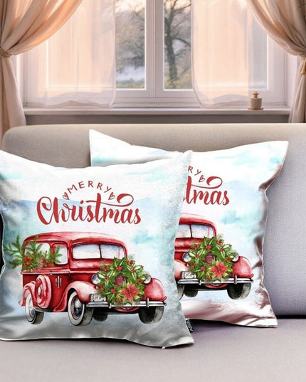 Set of Two 18" Red and White Merry Christmas Holiday Van Fabric Throw Pillow Covers
