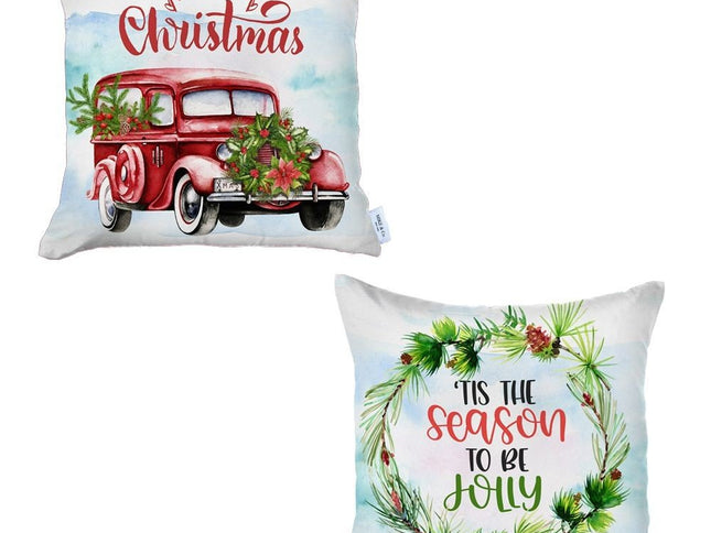 Set of Two Red White and Blue Merry Christmas Christmas Christmas Wreath Throw Pillow Cover