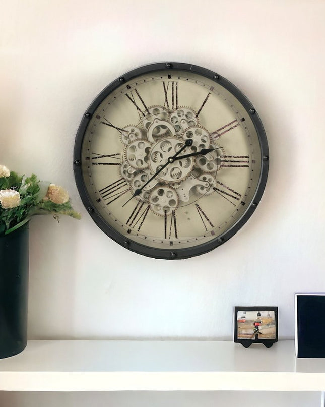 18" Black and Ivory Vintage Gear Industrial Wall Clock