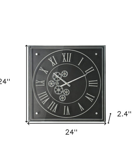 24" Black and Silver Vintage Style Gears Square Wall Clock