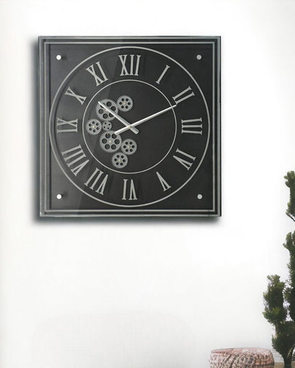 24" Black and Silver Vintage Style Gears Square Wall Clock