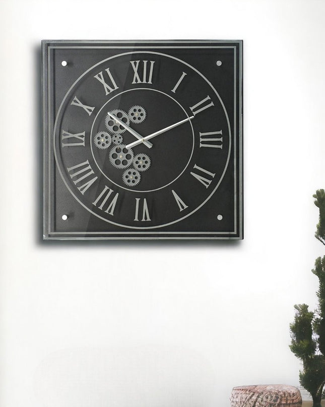 24" Black and Silver Vintage Style Gears Square Wall Clock