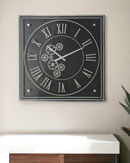 24" Black and Silver Vintage Style Gears Square Wall Clock