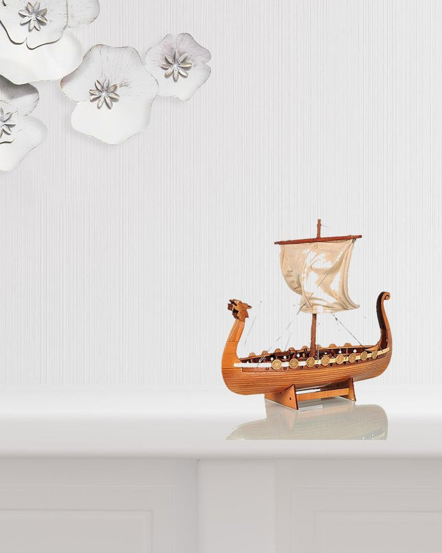 10" Natural Solid Wood Hand Painted Decorative Boat