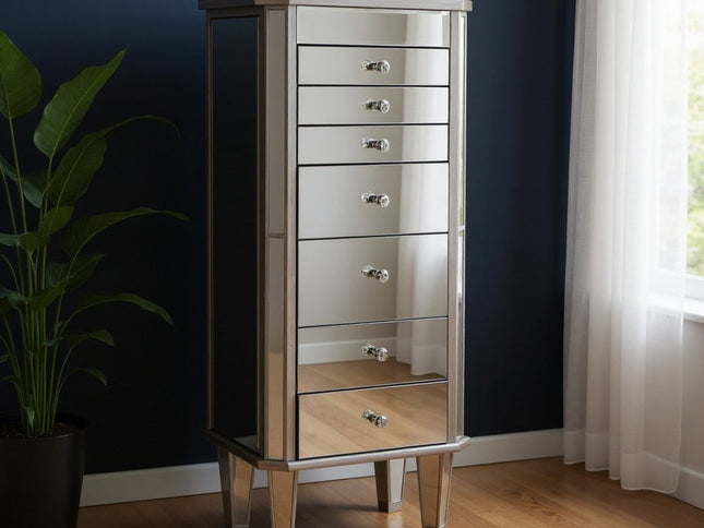 18" Silver Mirrored Writing Desk With Seven Drawers