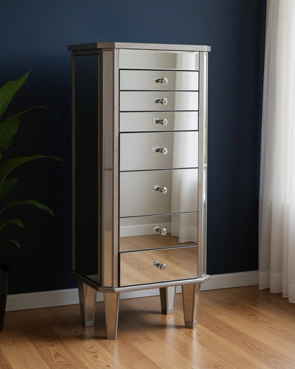 18" Silver Mirrored Writing Desk With Seven Drawers